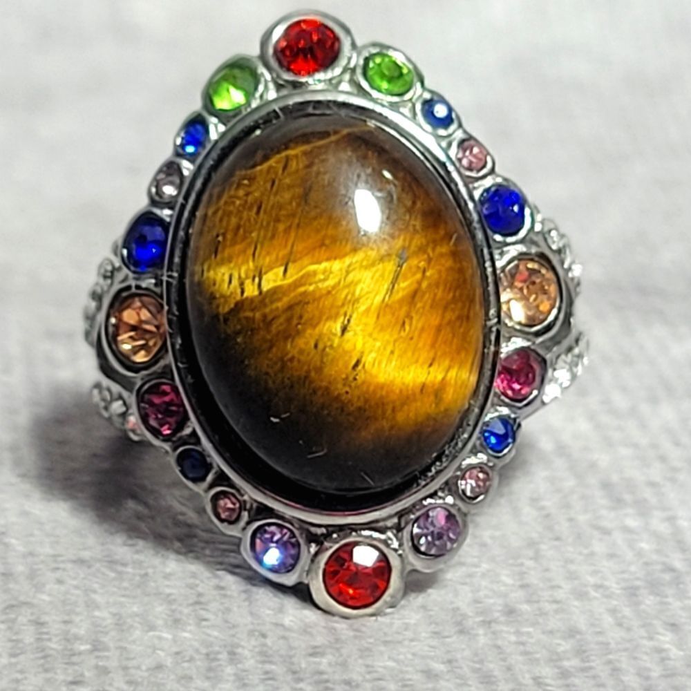 Tigers Eye & Austrian Crystal Halo Ring‎